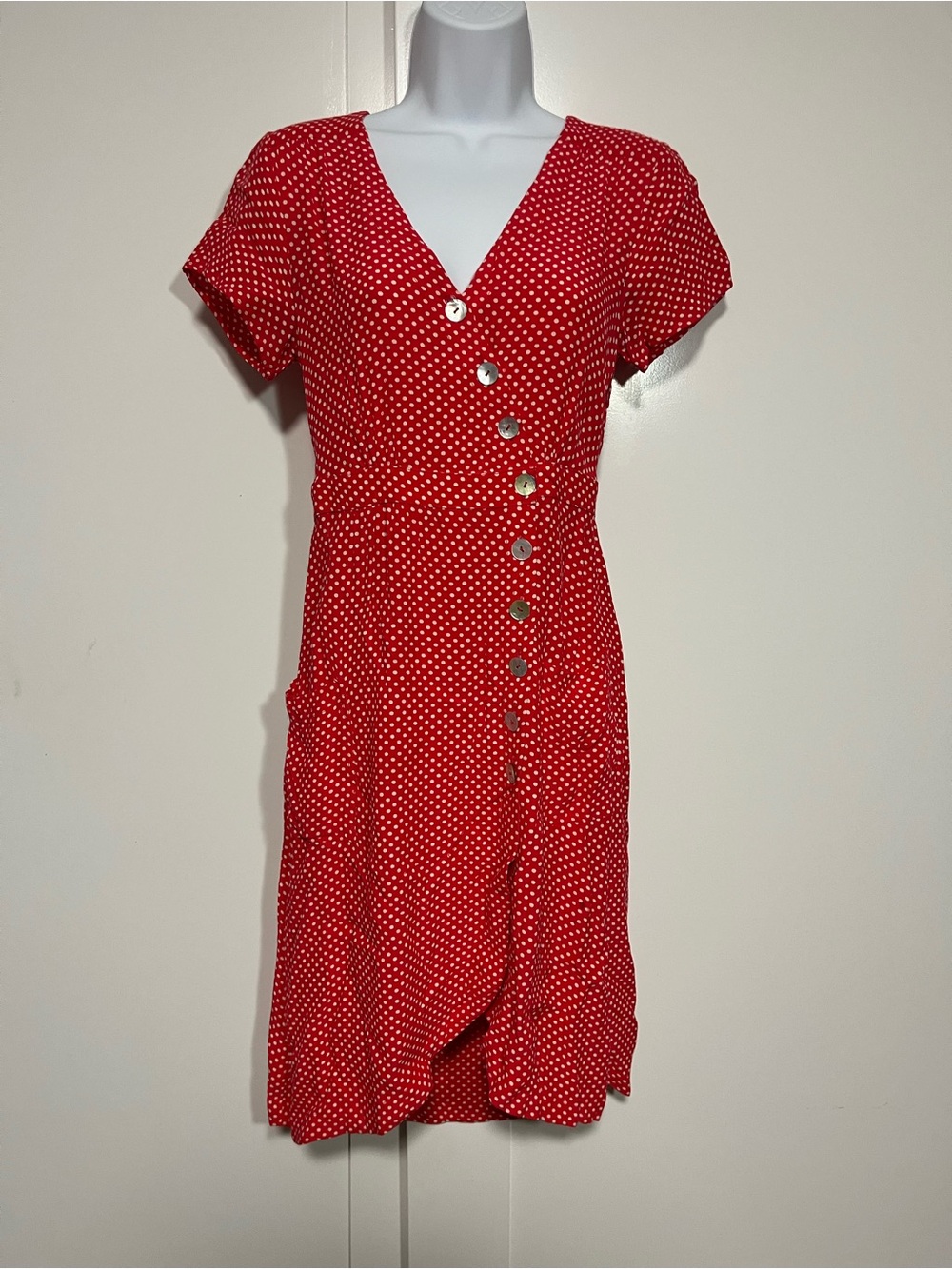 Maeve by Anthropologie Red Polka Dot Button Front Midi Dress Size 2 Ruffle Hem - Picture 2 of 10